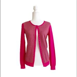 Old Navy Cardigan Sweater Fuchsia Tan Geo Print Crew Neck Button Front Small NEW